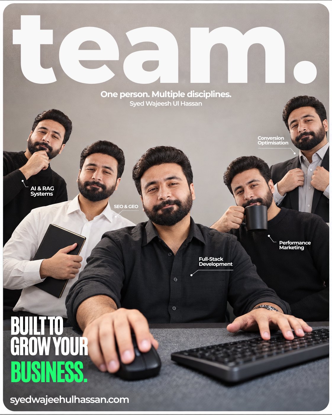 Five versions of Syed Wajeeh Ul Hassan at one desk, labelled AI & RAG Systems, SEO & GEO, Full-Stack Development, Performance Marketing and Conversion Optimisation